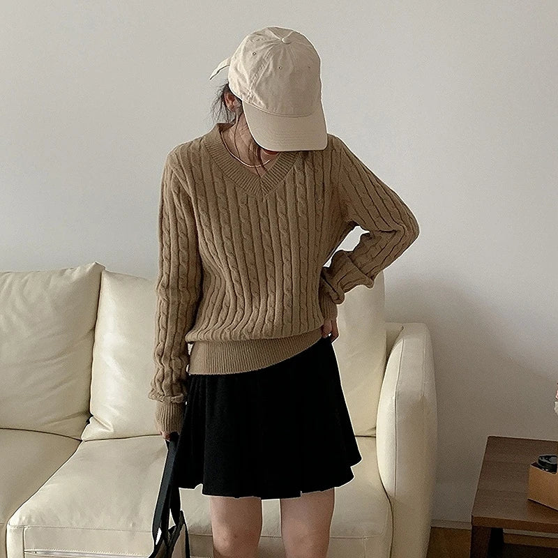 maoxiangshop-Women's Twist Pullover Knitted Sweater Solid Casual Jumper Fall Winter Vintage Embroidered V-Neck Long Sleeve Top