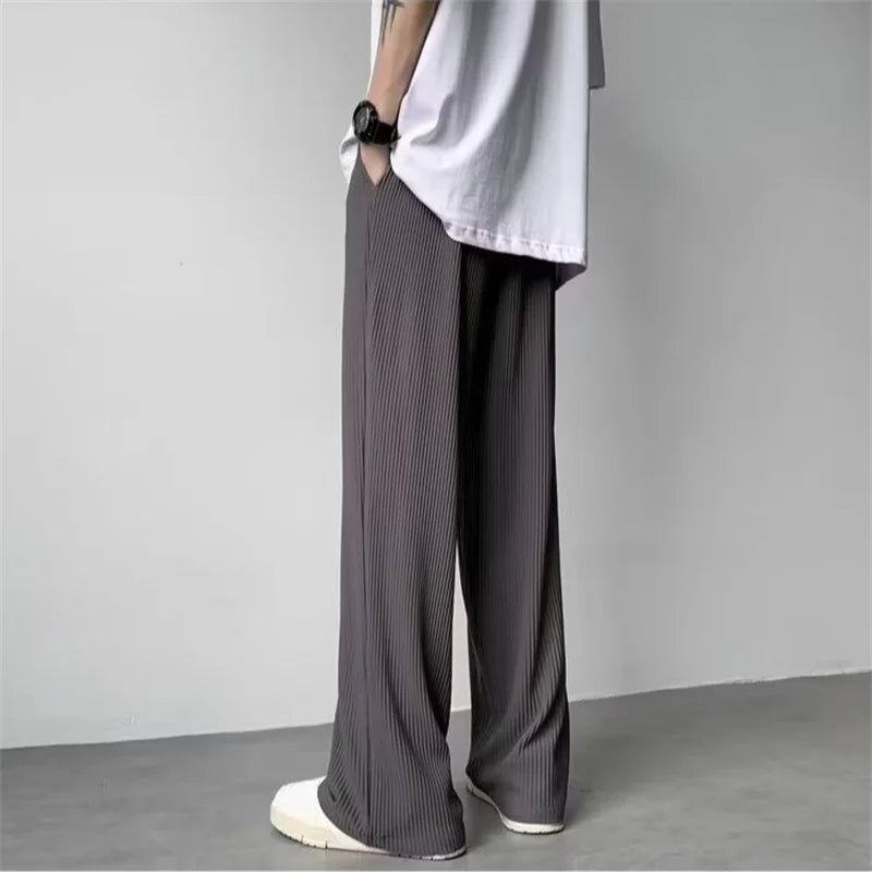 maoxiangshop Summer Texture Straight Pants For Men Korean Fashion Baggy Wide-leg Trousers Casual Drape Pleated Striped Y2K Pantalones Hombre