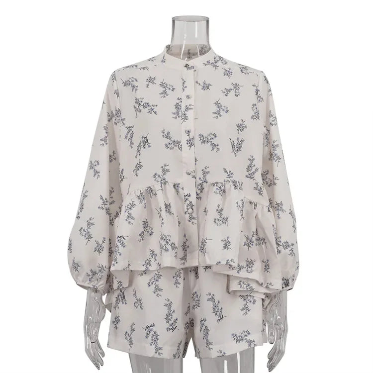maoxiangshop - Print Shorts Suit Women's Chic Puff Sleeve Ruffled Splice T-Shirt Loose Shorts Matching Set Female Fashion Autumn Outfits