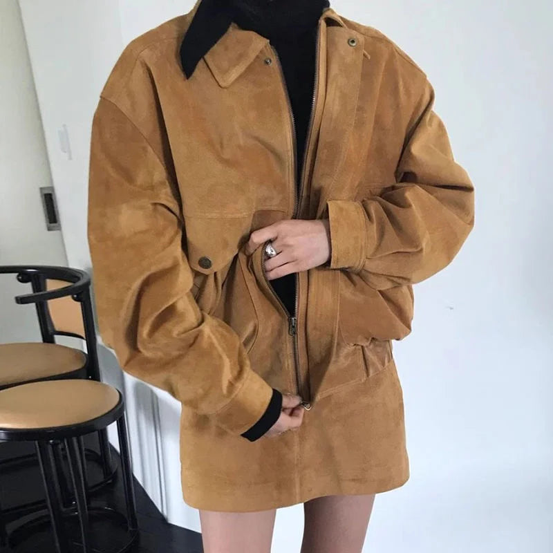 maoxiangshop - Autumn Vintage 2 Piece Sets Laple Neck Long Sleeve Zipper Women Baseball Jacket High Waist A-line Skirts Casual 2 Piece Outfits