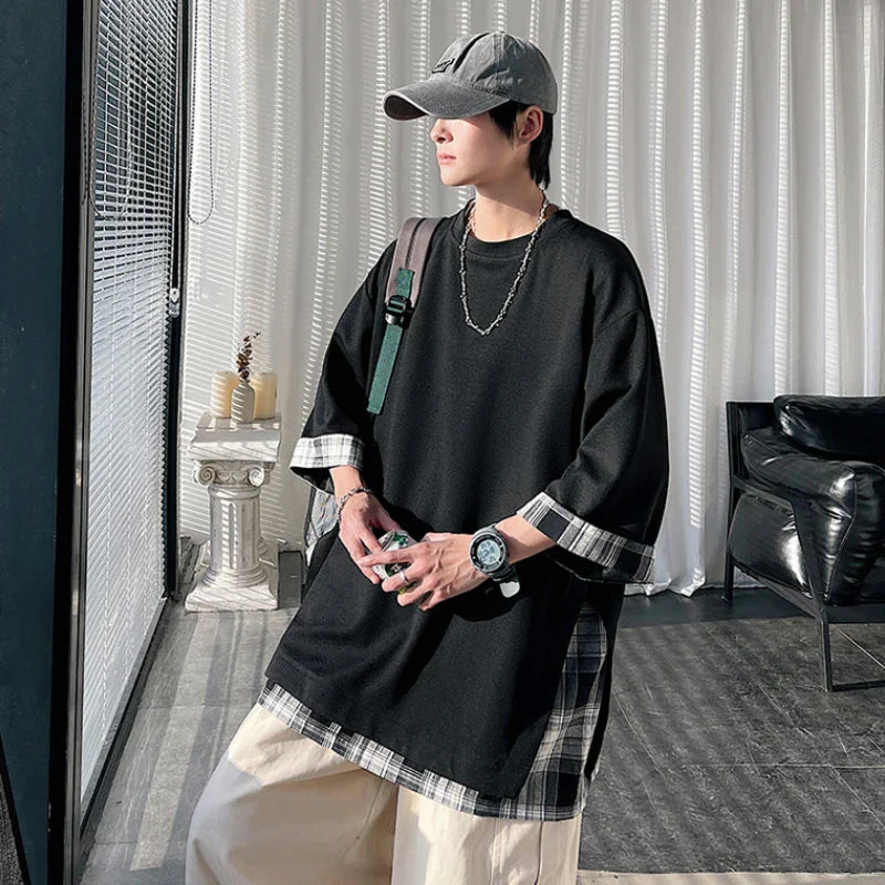 maoxiangshop T-shirts Men Design Casual All-match Patchwork Couple Clothing Teens Streetwear Fashion Ulzzang Summer Baggy Dynamic O-neck Cozy