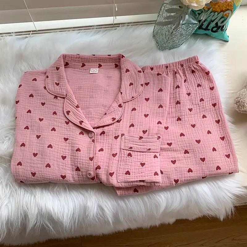 maoxiangshop - Cotton Double-layer Gauze Pajamas For Women's Fashion Cute Carrot Print Long Sleeve Tops + Pant Home Clothing Two-piece Set