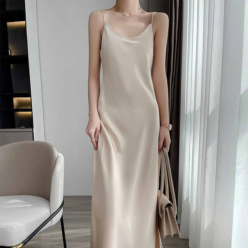 maoxiangshop Tri-Acetate Satin Silky V-Neck Temperament Female Summer Beautiful Silk Suspender Dress New Long Skirt Is Thin