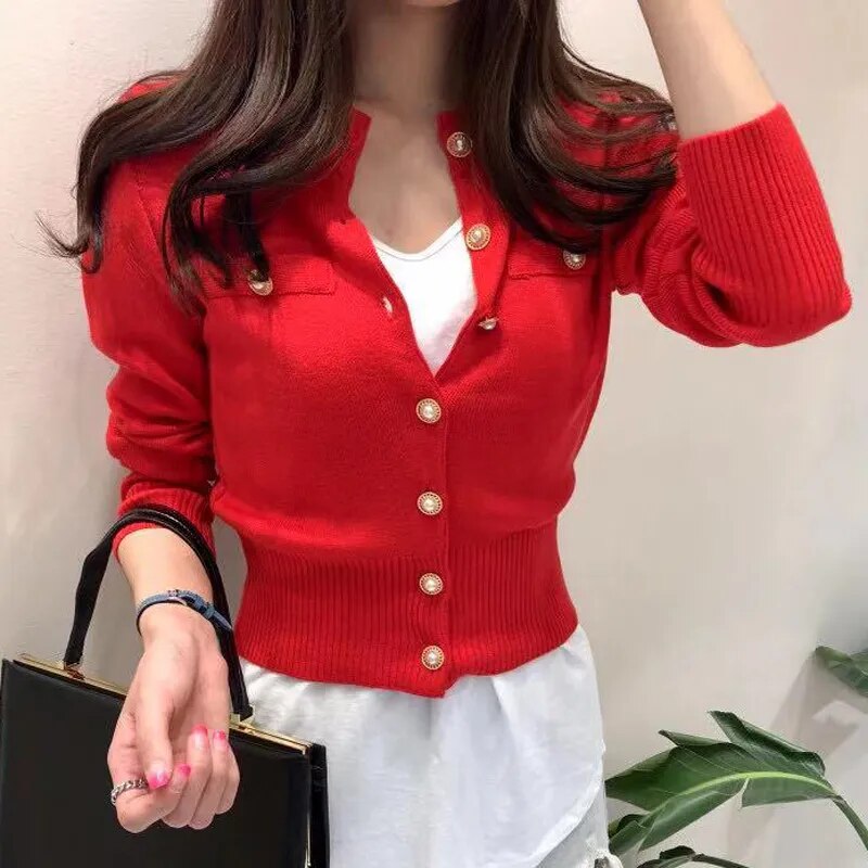maoxiangshop Fashion Women Cardigan Sweater Spring Knitted Long Sleeve Short Coat Casual Single Breasted Korean Slim Chic Ladies Top