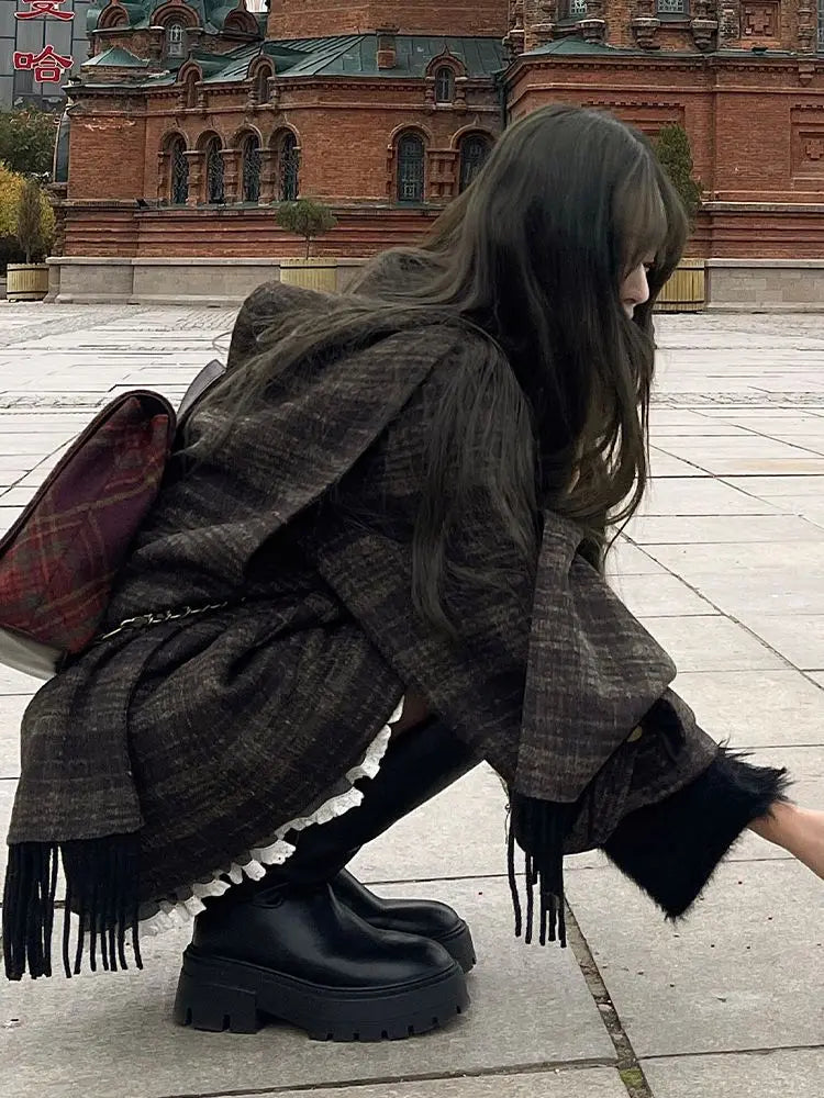 maoxiangshop - Autumn/Winter New Retro Plaid Cloak Shawl Woolen Coat Women Winter Clothes Korean Style Chic Loose Wool Outerwear Women Top