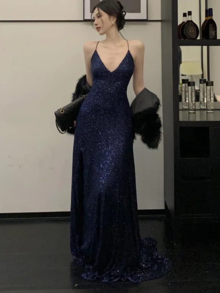maoxiangshop DRESS TO IMPRESS Sexy Backless Evening Party Long Dresses for Women V-Neck Split Slim Spring Summer Luxury Sequins Prom Robe Birthday Vestido New