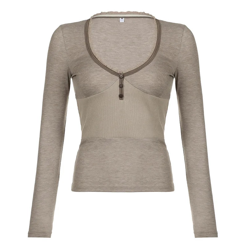 maoxiangshop-Vintage Deep V-neck Knitted Top Khaki Casual Basic Slim-fit T-shirts Fairy Grunge Long Sleeve Tops Elegant Streetwear