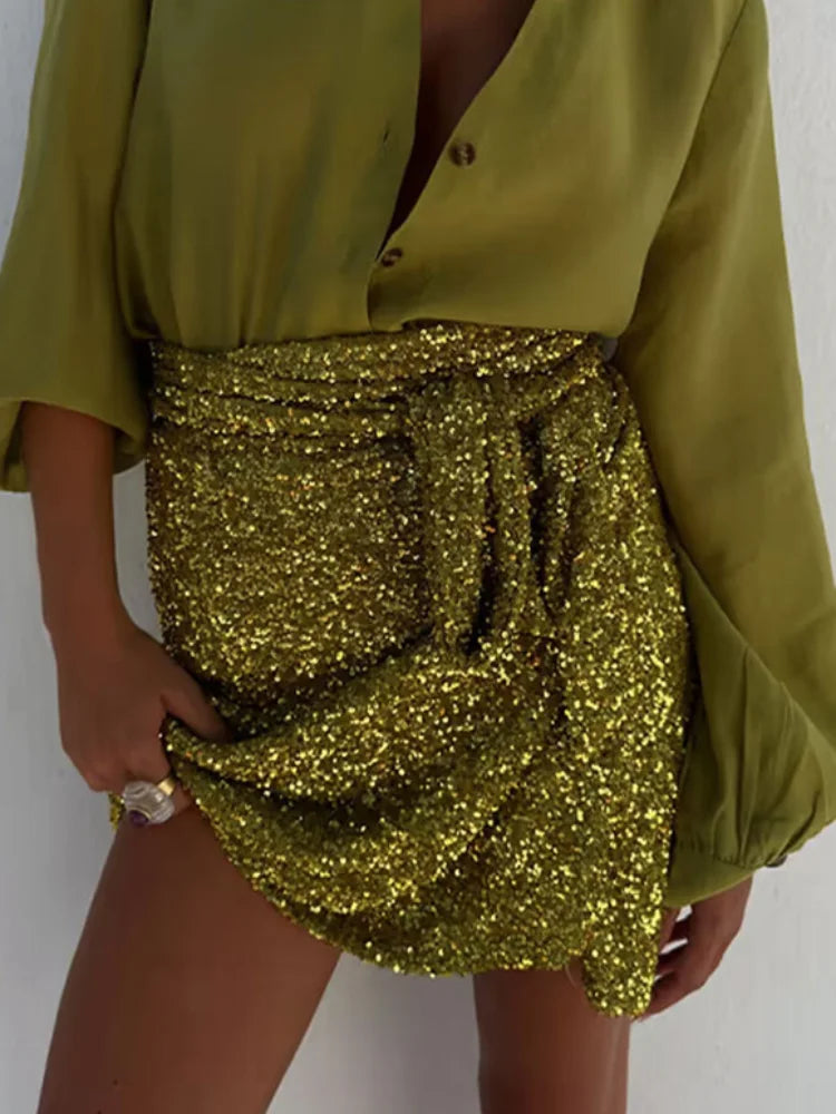 maoxiangshop - Sequin Glitter Knotted Mini Skirt Women Fashion Evening Party Split Bodycon Skirts Female Chic 2024 Autumn Colorful Club Robe