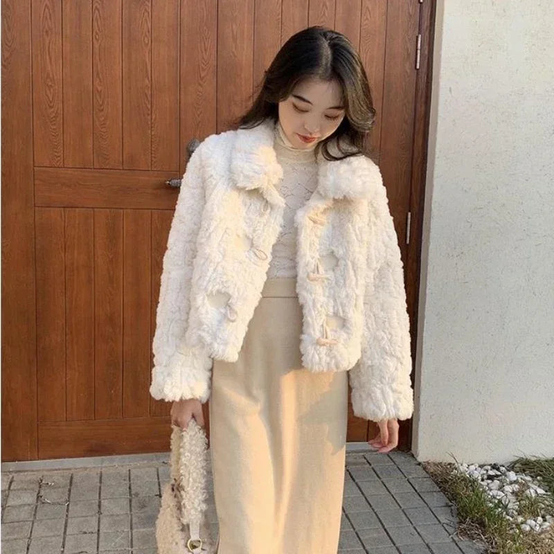 Korean Patchwork Lamb Wool Outerwear Women Autumn Winter Gentle Wind Horn Buckle Faux Fur Jacket Female Plush Loose Tops