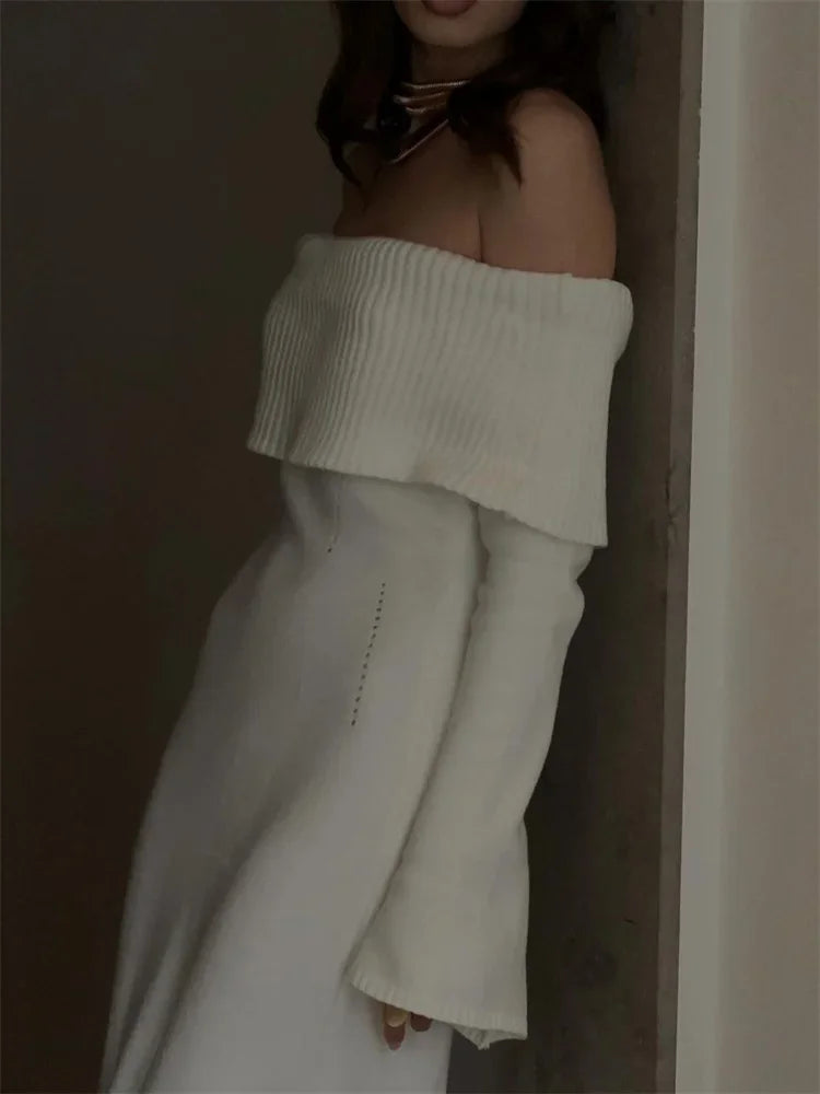 maoxiangshop - White Autumn Knit Sweater Long Dress Women Ribbed High Waist Fashion Off-Shoulder Loose Party Dress Female Knitwear Dress