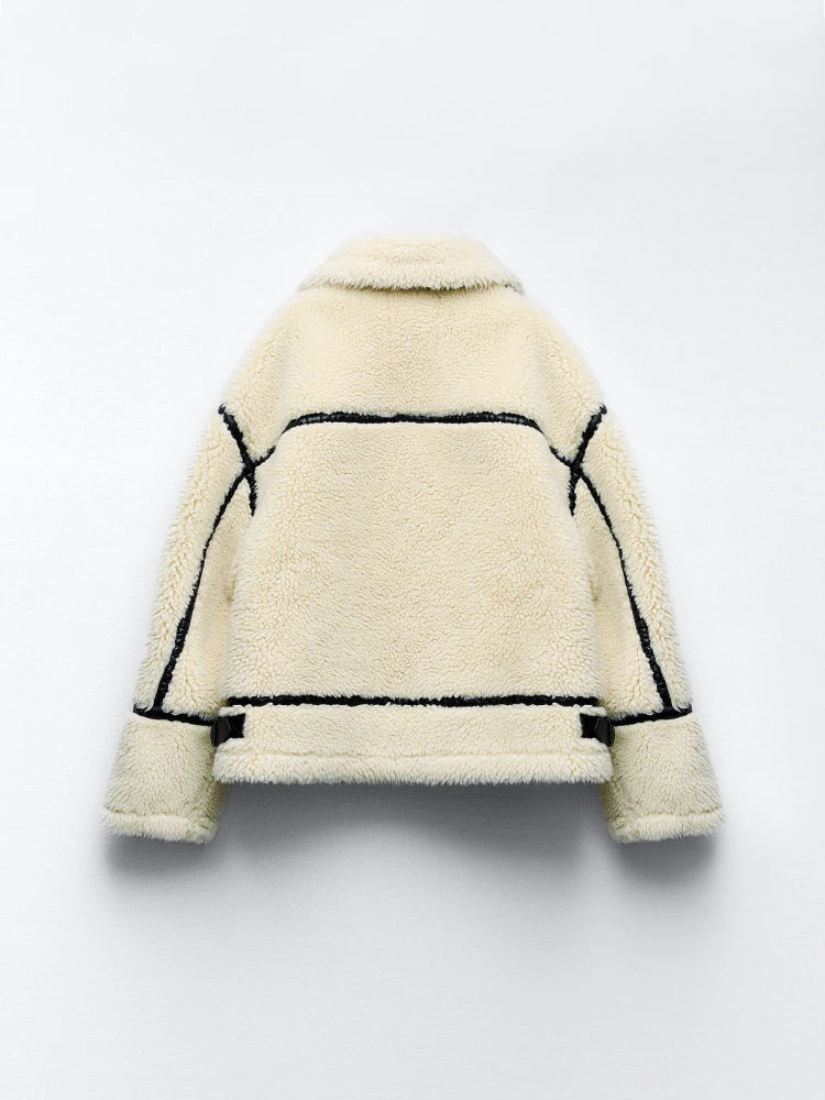 maoxiangshop - Elegant Winter Wool Fur Jacket Women Motorcycle Teddy Long Sleeve Stand Collar Double Faced Coat Female Winter Bike Streetwear