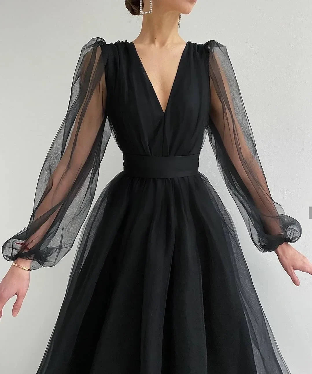 maoxiangshop 2024 Women's Summer Mesh Lantern Sleeve V-neck Layer Dresses Elegant Party Formal Dress Vestido Plus Size 3XS-10XL 9XL 8XL 7XL