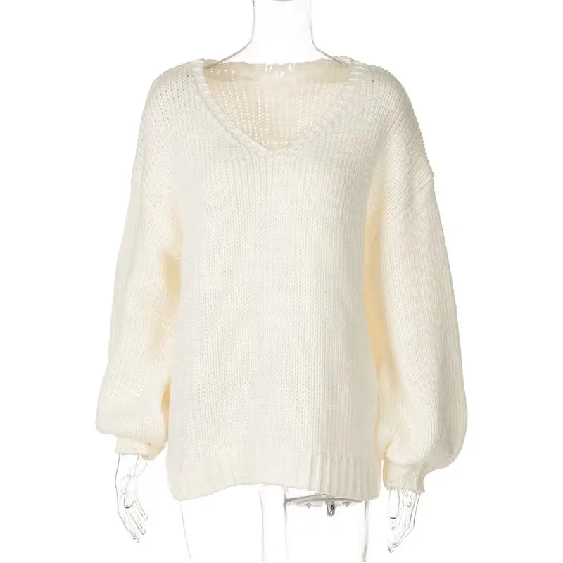 maoxiangshop - Loose Big V Neck knitted Sweater For Women Casual Solid Color Pullovers Top Long Sleeve Hollow Top Autumn Winter New 2024