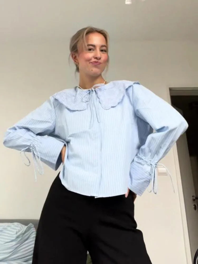 maoxiangshop - Sweet Striped Lace Up Women Shirts Cute Flare Sleeve Embroidery Lapel Female Blouses 2024 Spring Summer Casual Tops Streetwear