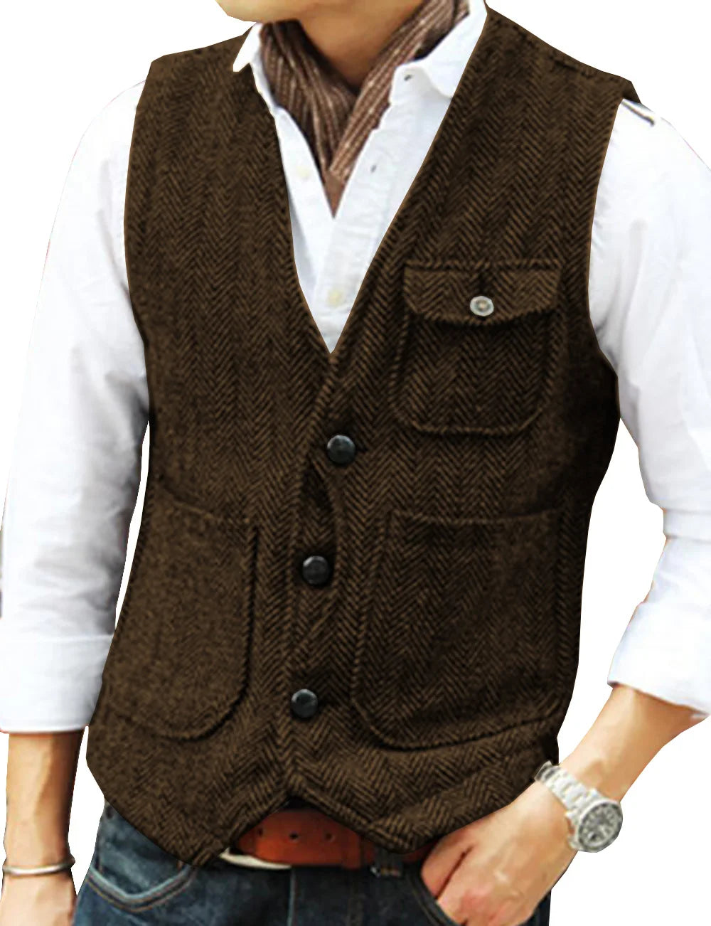 maoxiangshop Men's Vests Business Suit Vest Herringbone Tweed V Neck Formal Waistcoat For Wedding Suit Or Tuxedo Men Vest