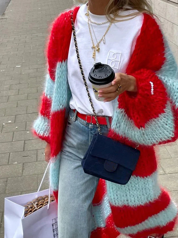 maoxiangshop - Chic Striped Knit Long Coat Women Lantern Sleeve Thicken Warm Cardigan Jacket 2024 Winter Fashion Female Street Outwears