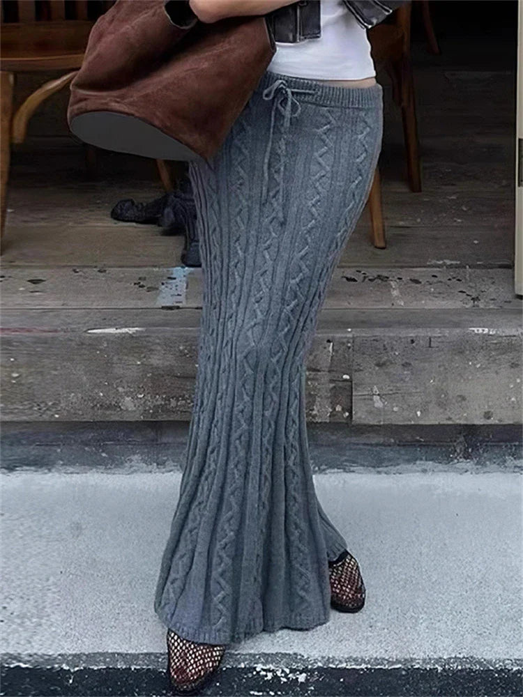 maoxiangshop - Twists Woolen Knitted Maxi Skirt Women Lacing Low Rise Slim Long Fishtail Skirt Hottie Autumn Winter Streetwear