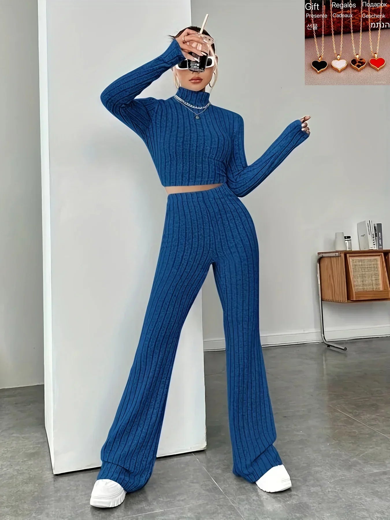 maoxiangshop- Spring Knitted 2 Piece Sets Women Tracksuit Long Sleeve Vintage Sweater Crop Top Flare Pants Stretch Matching Suit Outfit