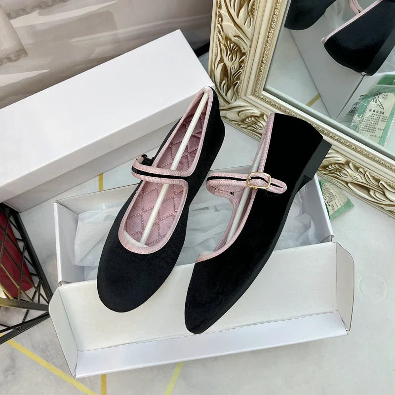 maoxiangshop - NEW Velvet Elegant Shoes Women Mary Janes Buckle Strap Soft Ballet Flats Designer Shoes Spring Autumn Ladies Athletic Shoe