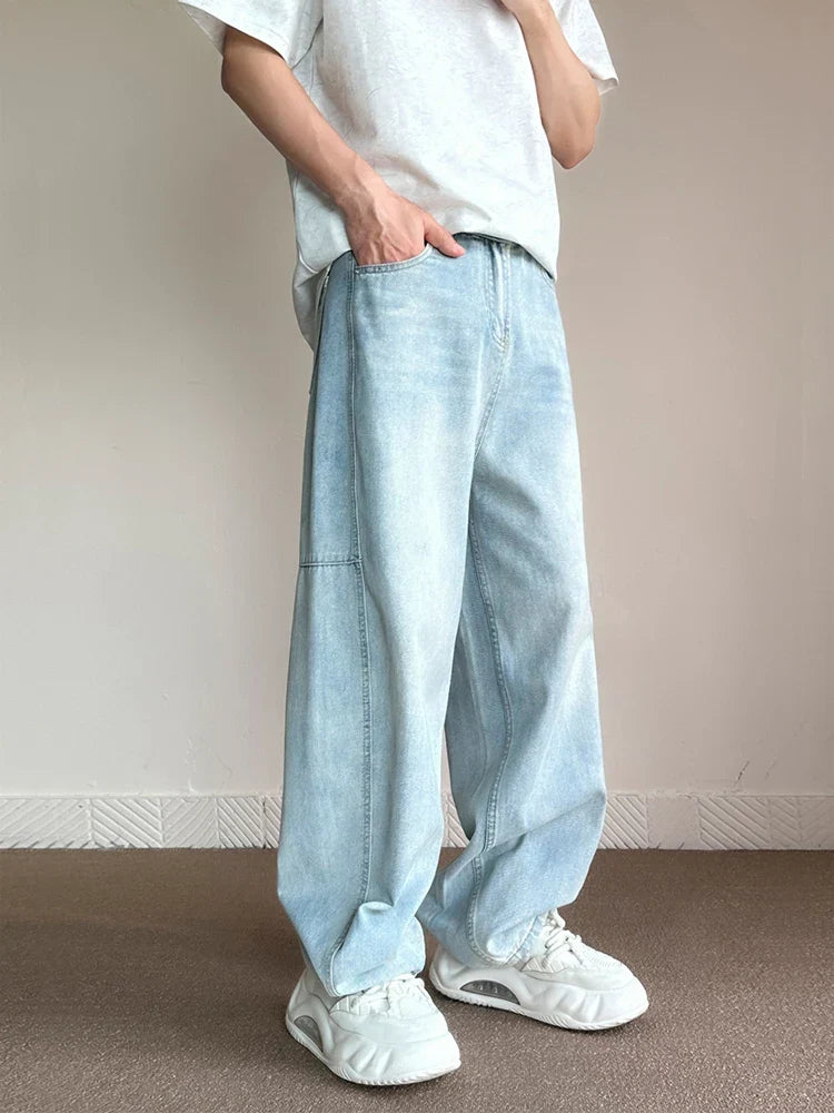 maoxiangshop Korean Fashion Men's Baggy Jeans Light Blue High Street Straight Wide Trousers Personalized Washed Y2k Pants Male