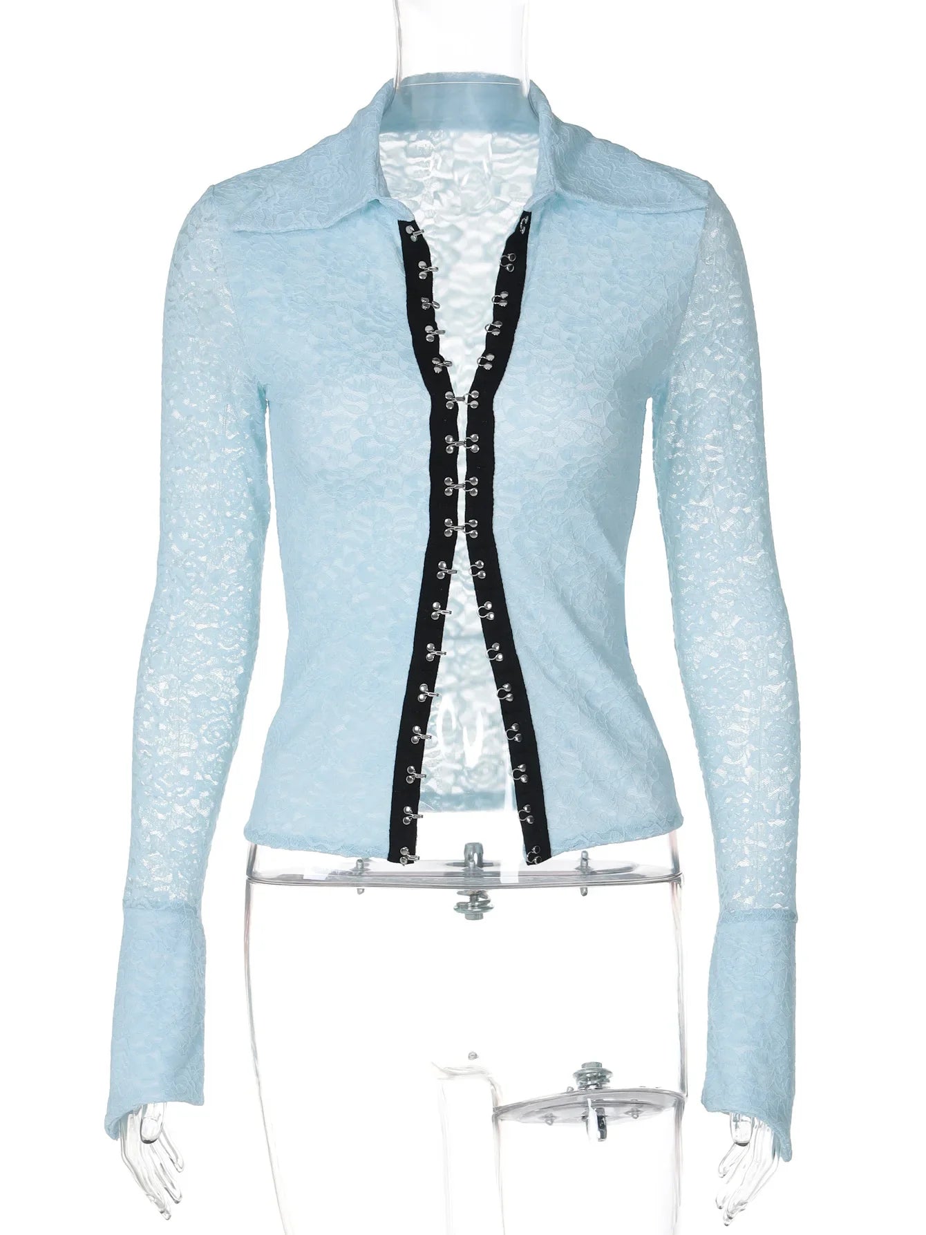 maoxiangshop - 2024 Autumn Women Solid Lace Shirts Fashion Turn Down Collar Flare Long Sleeve Single Breasted Slim Tops Casual Streetwear