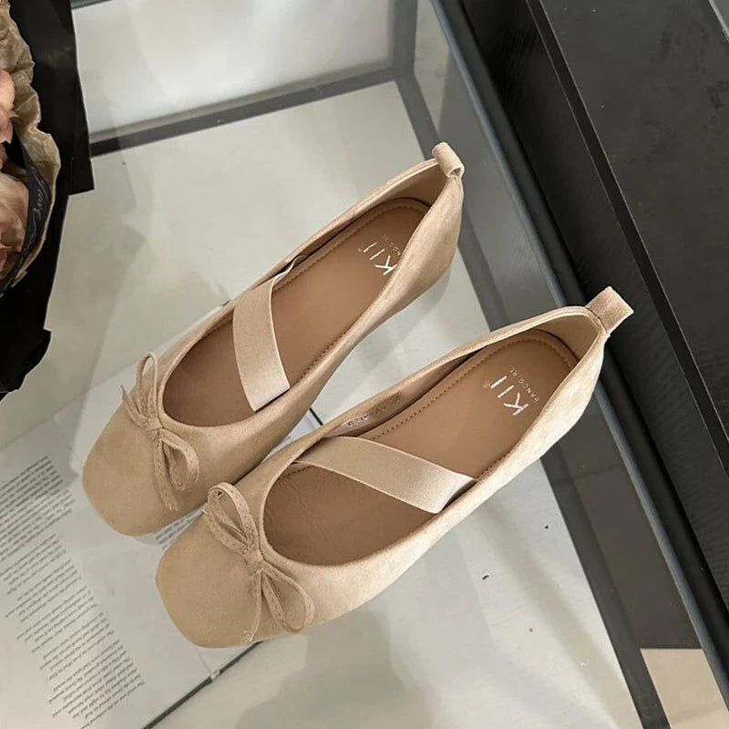 maoxiangshop - NEW Spring/Autumn Flats Mary Jane Shoes Square Toe Women's Shoes Bow Velvet Ballet Flats Women Shoes