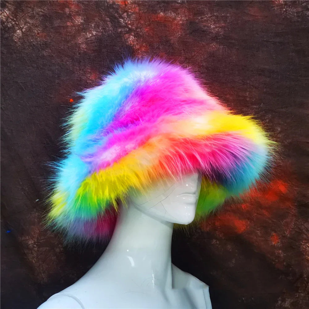 maoxiangshop - Luxury Ins Hot Y2k Girls Faux Fox Fur Bucket Hat Women Winter Warm Rabbit Fur Plush Fisherman Hat Cap Festival Party Ski Panama