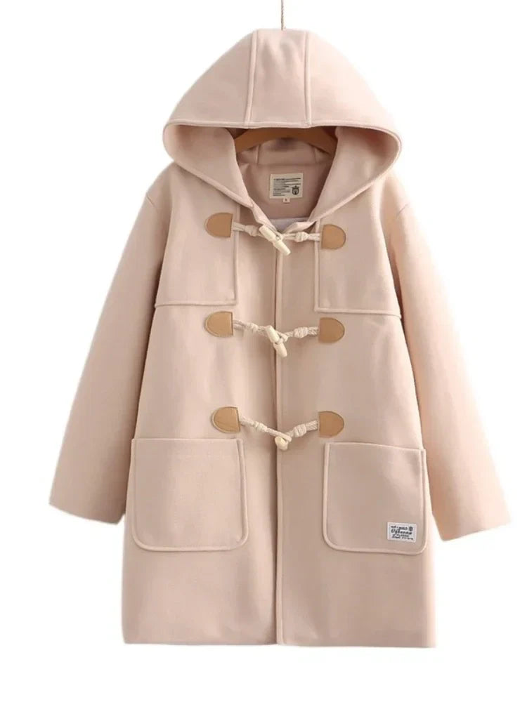 Winter Women Wool Blends Coat Straight Long Hooded Coats Jacket Horn Button Sleeve Preppy Style Female Warmness Outwears