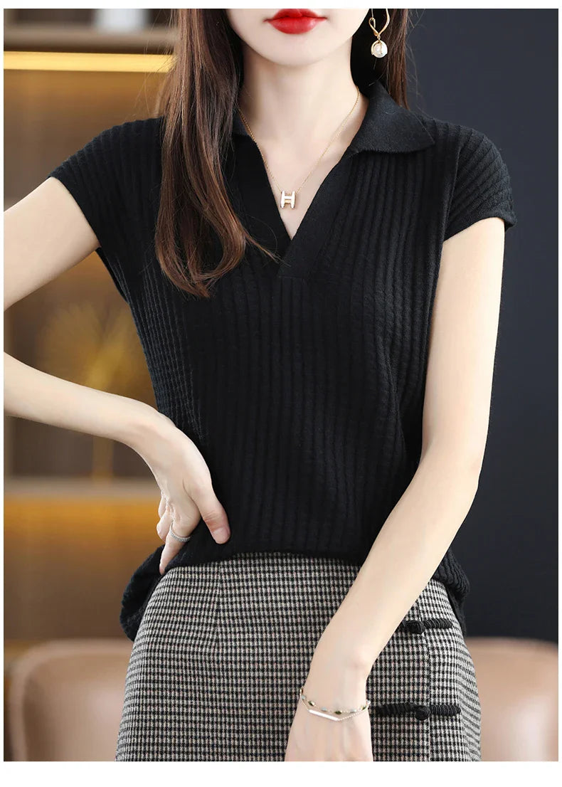 maoxiangshop Spring and Summer New Cashmere Sweater Polo collar Women's Short sleev Knitted Sweater Loose Thin Pullover Short-Sleeved