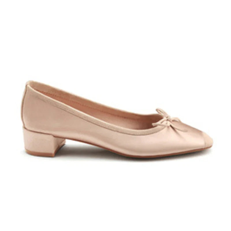 maoxiangshop - Fashion Elegant Silk Ballerinas Women Pumps Slip on Loafers Round Toe Square Heels Bowknot Casual Spring Autumn Shoes