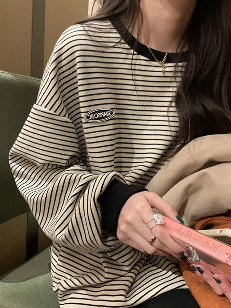Korean Stripe Women's T-shirt Cotton Longs Leeve T Shirts for Women 2023 Spring Cheaper Basic Oversized Shirt Tops Sweatshirts