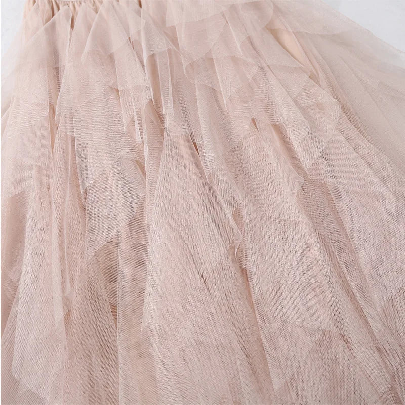 maoxiangshop Tutu Tulle Midi Skirt Women Elegant Fashion High Waist Irregular Pleated Mesh Long Skirt Spring Summer Party Female