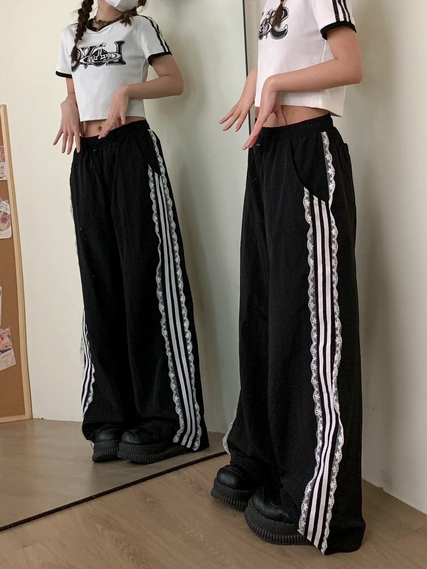 maoxiangshop - Women New Black Gothic Baggy Striped Pants 90s Vintage Oversize Y2k Trousers Streetwear Korean Harajuku Parachute Pants Clothes