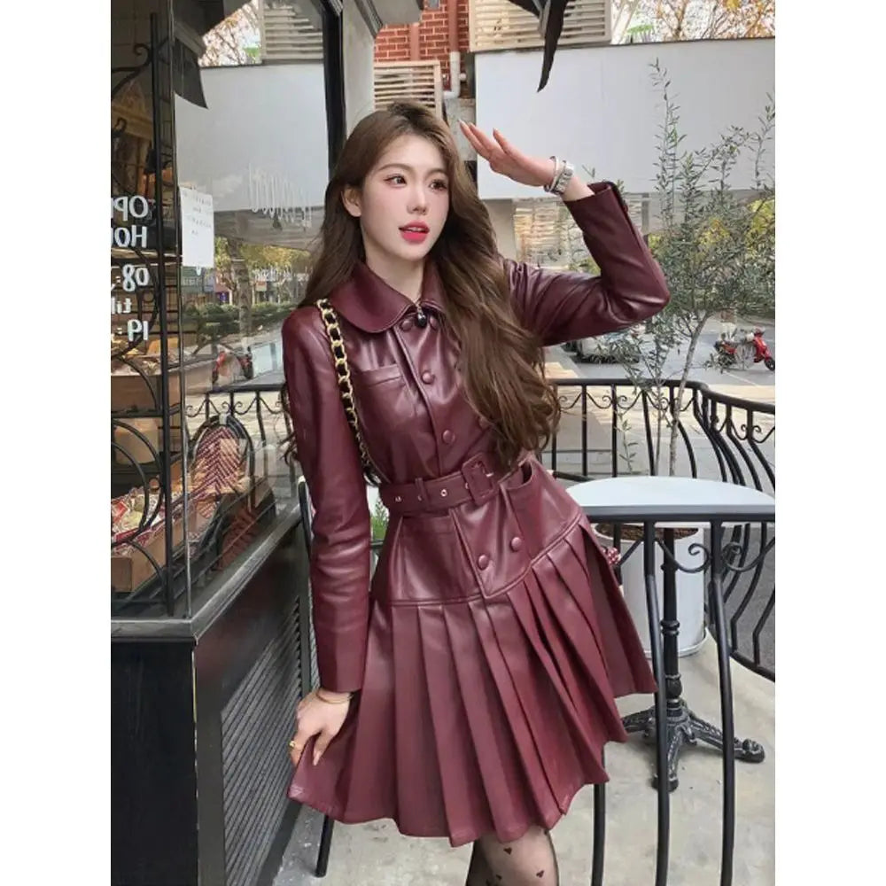 maoxiangshop - Autumn New Retro Red French High end Hepburn Style Polo Neck Leather Dress for Women Waist Slimming A-line Pleated Mini Dress