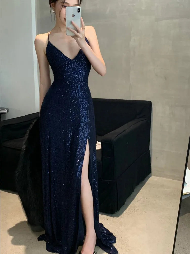 maoxiangshop - Women's Backless V-Neck Split Maxi Dress Sexy Slim Evening Gown Luxury Dresses Fashion Robe Birthday Party Spring Autumn New