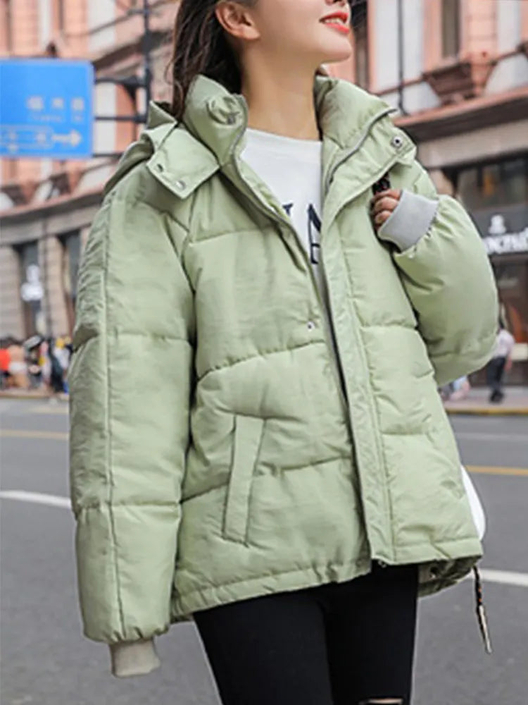 maoxiangshop Fashion Winter Hooded Puffer Jacket Women Solid Casual Warm Oversize Parkas Female Korean Loose Long Sleeve Coat Women Clothing