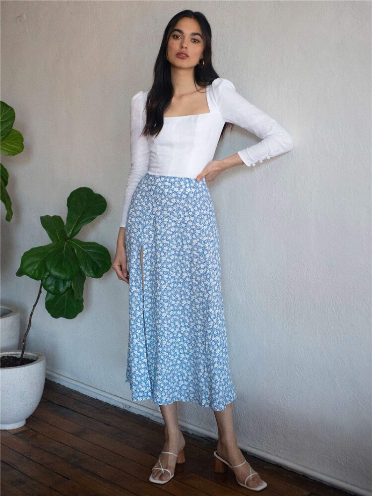 maoxiangshop High Waist Split Out Floral Mid Skirt Women Sexy Vintage Boho A-line Skirts Slim Party Streetwear Holiday Beachwear