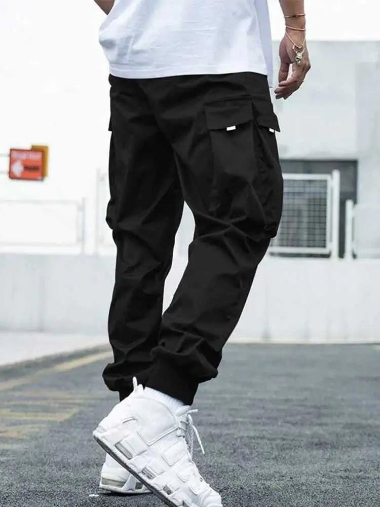 maoxiangshop Men's Cargo Pant Solid Mid-waist Elastic Tooling Trousers Techwear Sweatpants with Flap Pocket Drawstring Beam Feet Pants