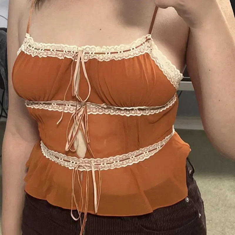 maoxiangshop - 2024 Instagram New Cute Summer Semi Transparent Chiffon Vest and y2k Slim Fit Spicy Girl Lace Top with Ties