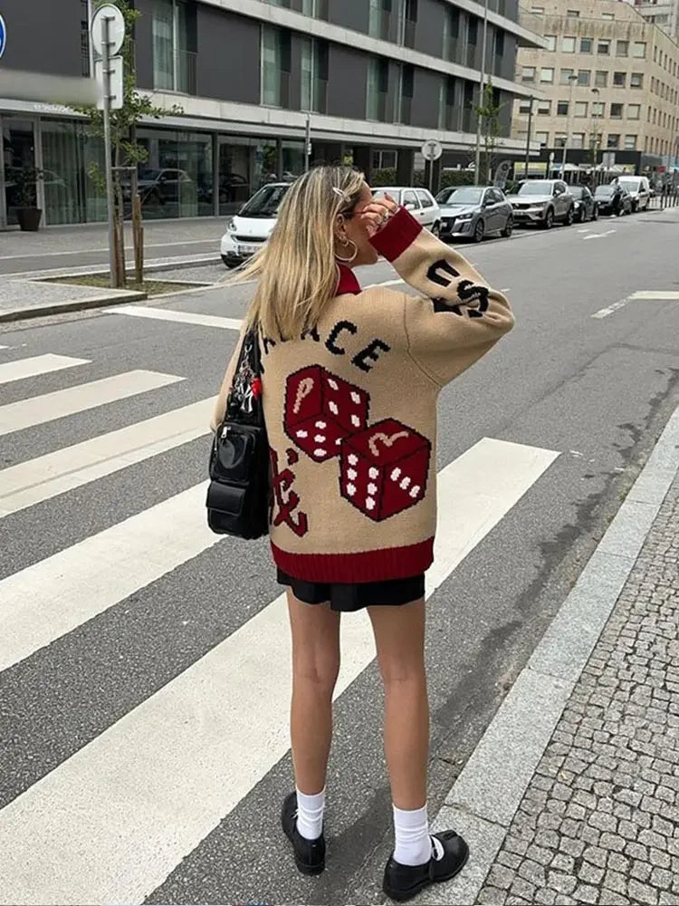 maoxiangshop - Women Fashion Contrasting Printed Knitted Coat Elegant Lapel Long Sleeves Zipper Loose Sweater Cardigan Autumn Lady Warm Coat