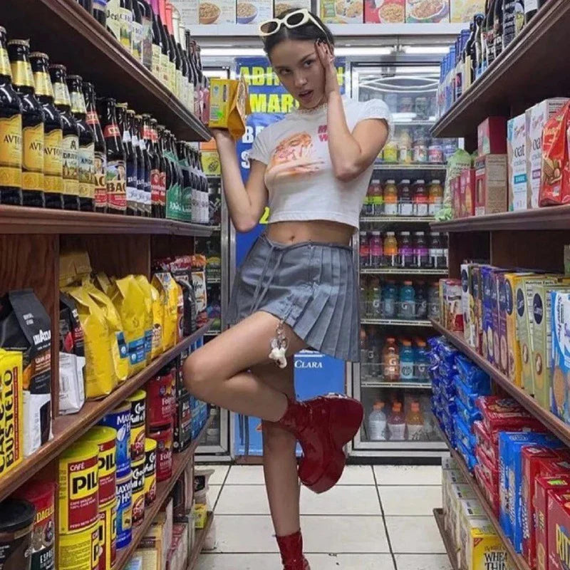 maoxiangshop - New Y2k Mini Skirts 90s Cute Streetwear Casual Grey Pleated Skirts With Belt Hot Zipped A-Line Women Short Skirt Summer