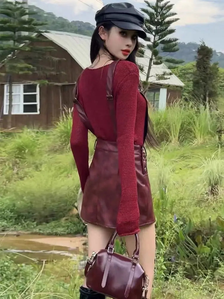 maoxiangshop - American Overalls Dress Women Autumn Long Sleeve Knitted Shirt Spicy Girl Leather Dress Fashion Set Two Piece Set Women Outfits