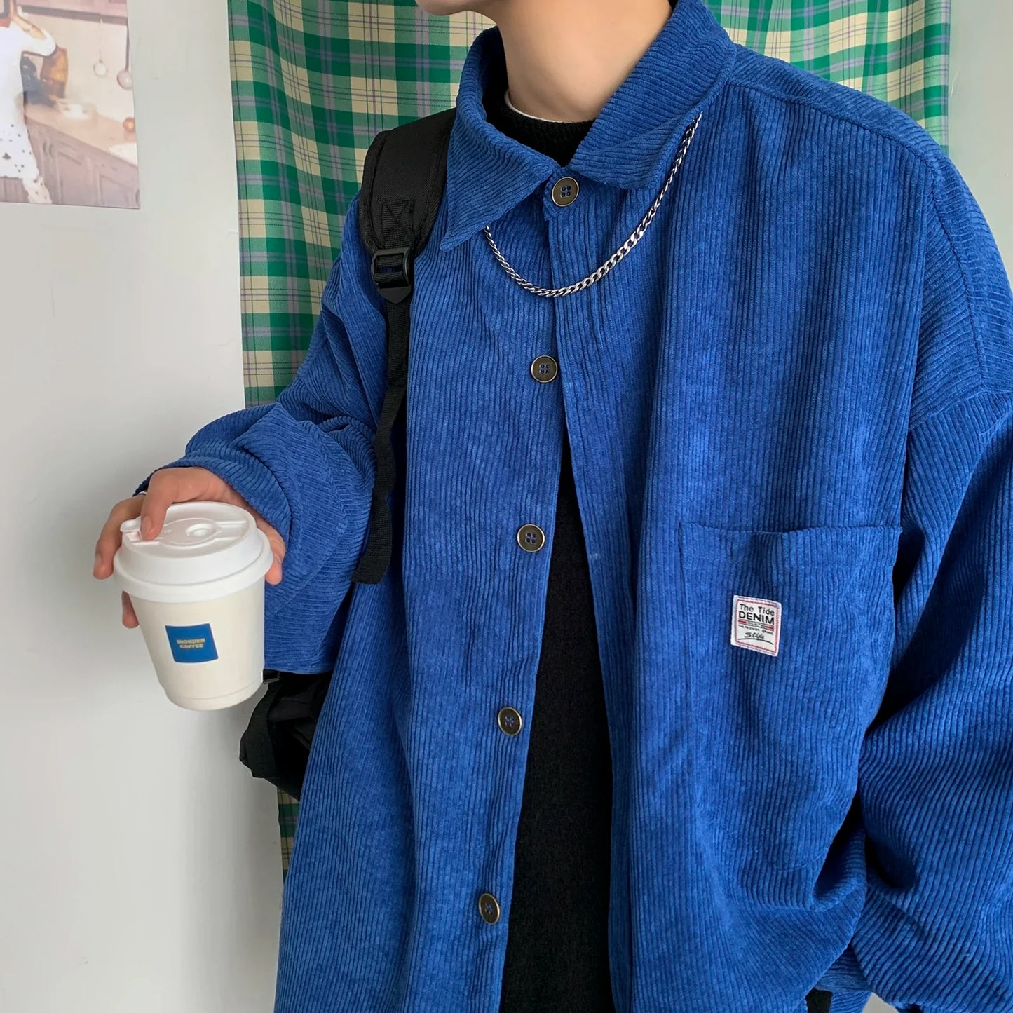 maoxiangshop Men Corduroy Shirts Harajuku Korean Loose Style Long Sleeve Vintage Streetwear Overshirt M-3XL