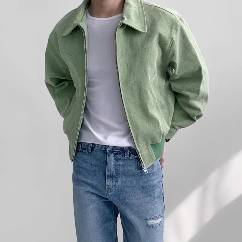 maoxiangshop Vintage Jacket Man Casual Loose Zipper Fashion Retro Short Coat Men Spring High Quality Solid Turndown Collar Street Outwears