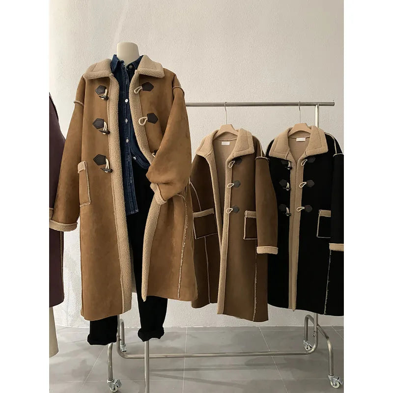 maoxiangshop - Korean Winter Fashion Suede Lamb Wool Splice Coat Fashion American Retro Coat High-End Long Single-Breasted Thicken Warm Coat