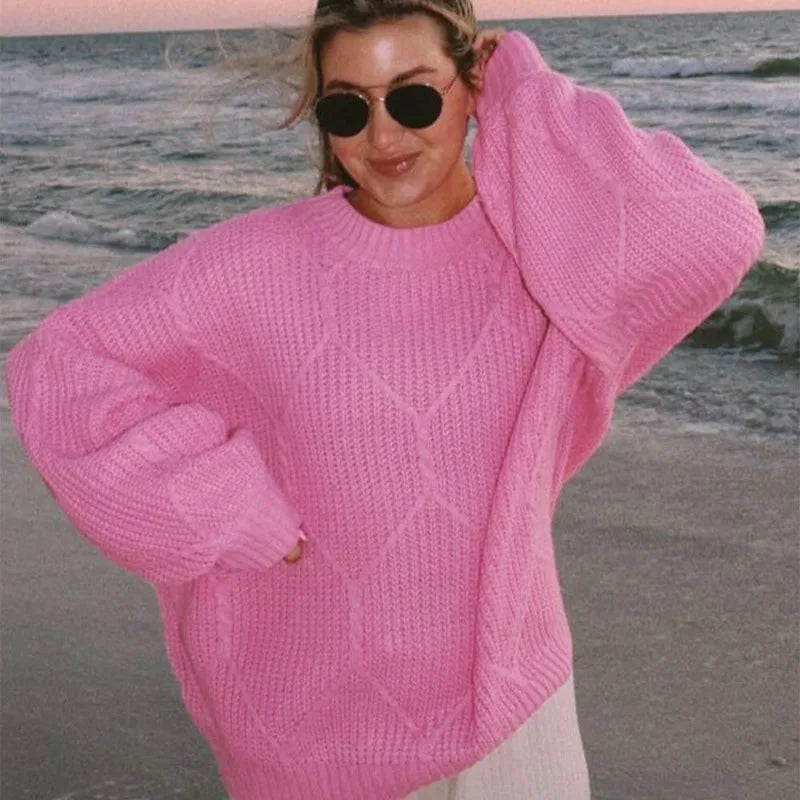 maoxiangshop - Knitted Sweater Pullover Women's Solid O-Neck Ribbed Long Sleeve Fashion Office Sweater Loose Casual Autumn Sweater 2024