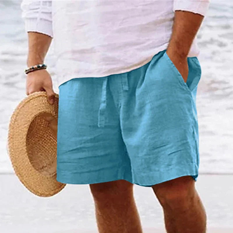 maoxiangshop Men's summer cotton and linen shorts with drawstring elastic waist, straight legs, solid color, breathable daily beach capris