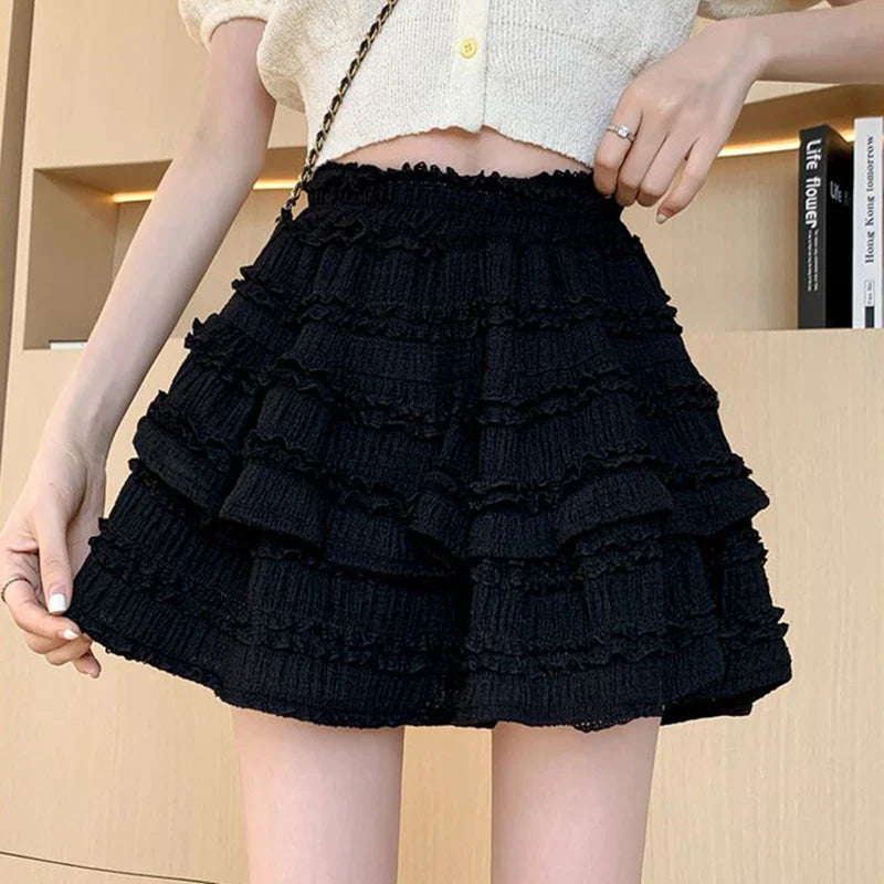 Sweet Cute Lace Mini Skirt Women Kawaii White Ruffles Pleated Skirts Summer Korean High Waist Black Casual A Line Skirt