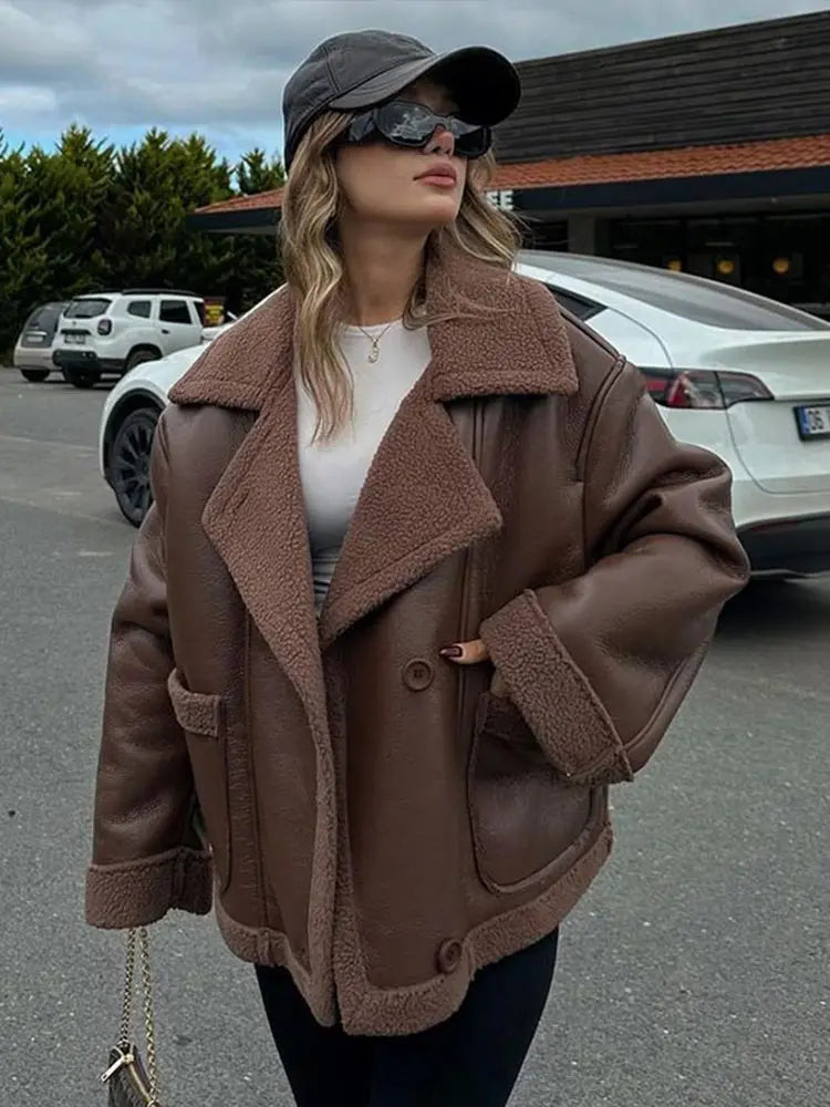 maoxiangshop - Plush Patchwork Lapel PU Leather Jackets Women Casual Loose Long Sleeved Jacket Female Autumn Winter Chic High Street Outwears