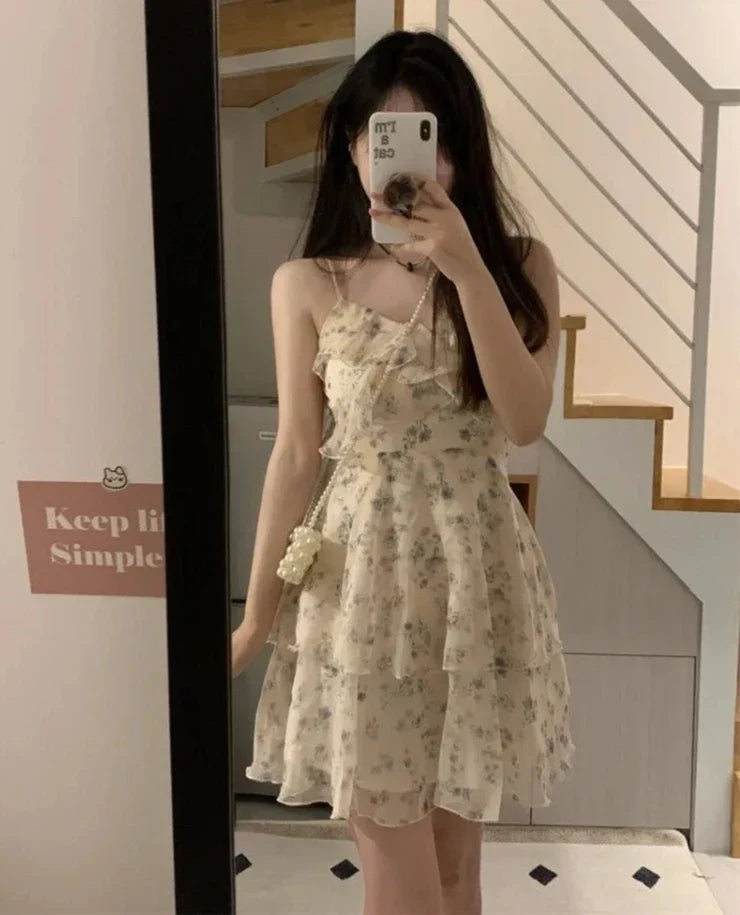maoxiangshop DRESS TO IMPRESS Sweet Dresses for Women Fashion Floral Korean Summer Robe Femme Temperament Chiffon A-line Dress Vestidos De Mujer